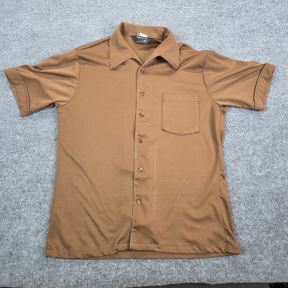 Vintage JC Penny Shirt Men Medium Brown Short Sleeve Dagger‎ Collar Disco 70s